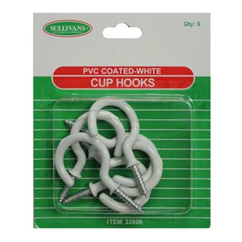 Sullivans 35mm Cup Hook, White- 6pk