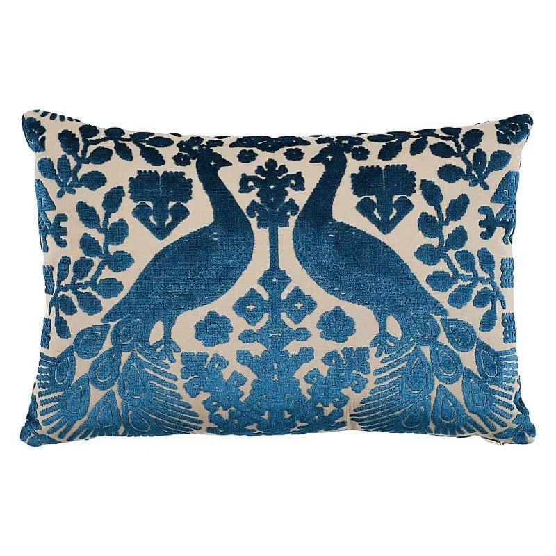 Blue Pavone Peacock Velvet Throw Pillow