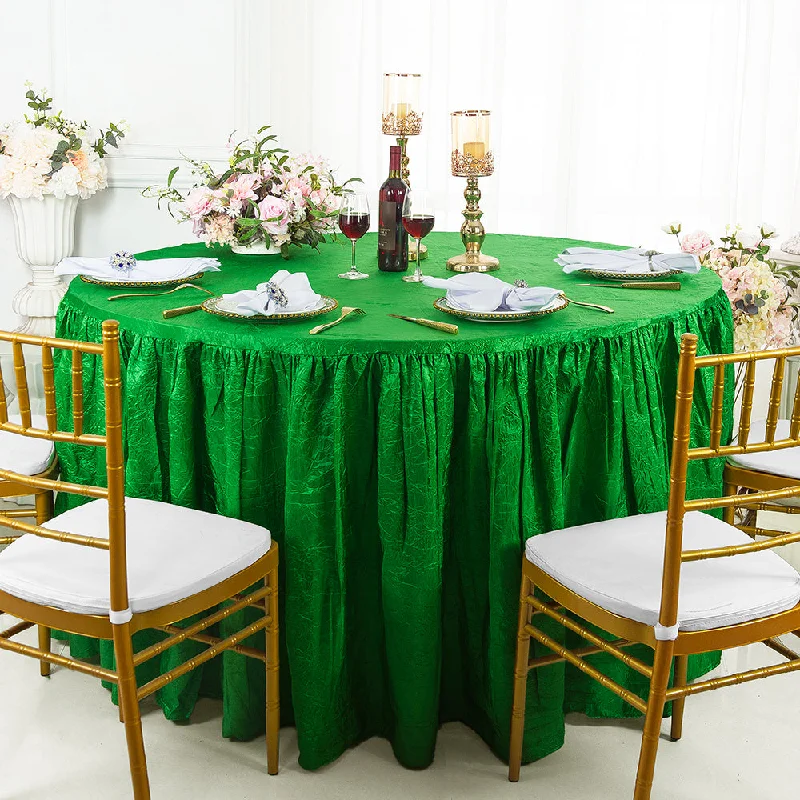 60" Round Ruffled Fitted Crushed Taffeta Tablecloth With Skirt - Emerald Green (1pc)