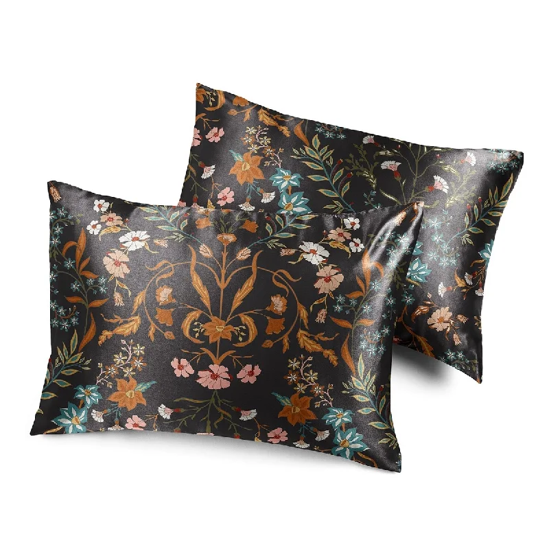 Sweet Jojo Designs Boho Wildflower Vintage Floral Decorative Satin Pillowcases 2 Pack Black Orange Botanical Bohemian Farmhouse