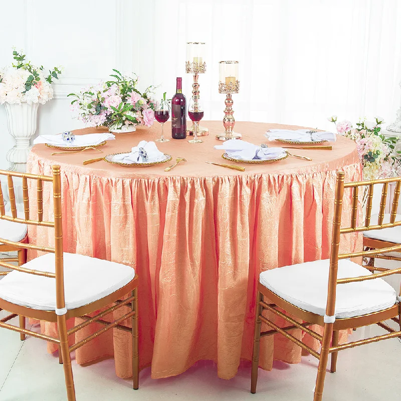 60" Round Ruffled Fitted Crushed Taffeta Tablecloth With Skirt - Apricot/Peach (1pc)