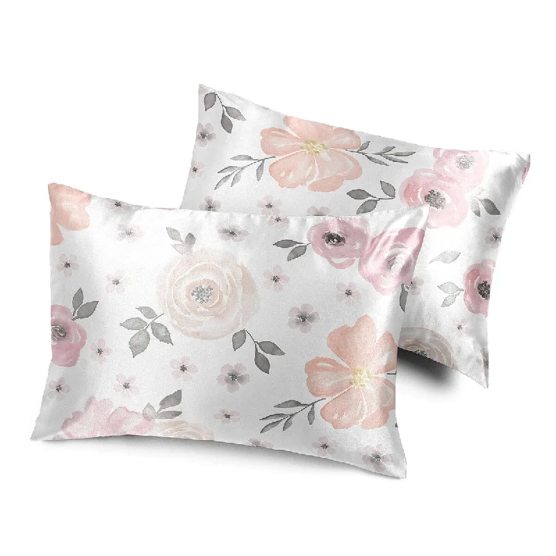 Sweet Jojo Designs Blush Pink Grey Boho Floral Decorative Satin Pillowcases 2 Pack Set Bohemian Farmhouse Shabby Chic Watercolor