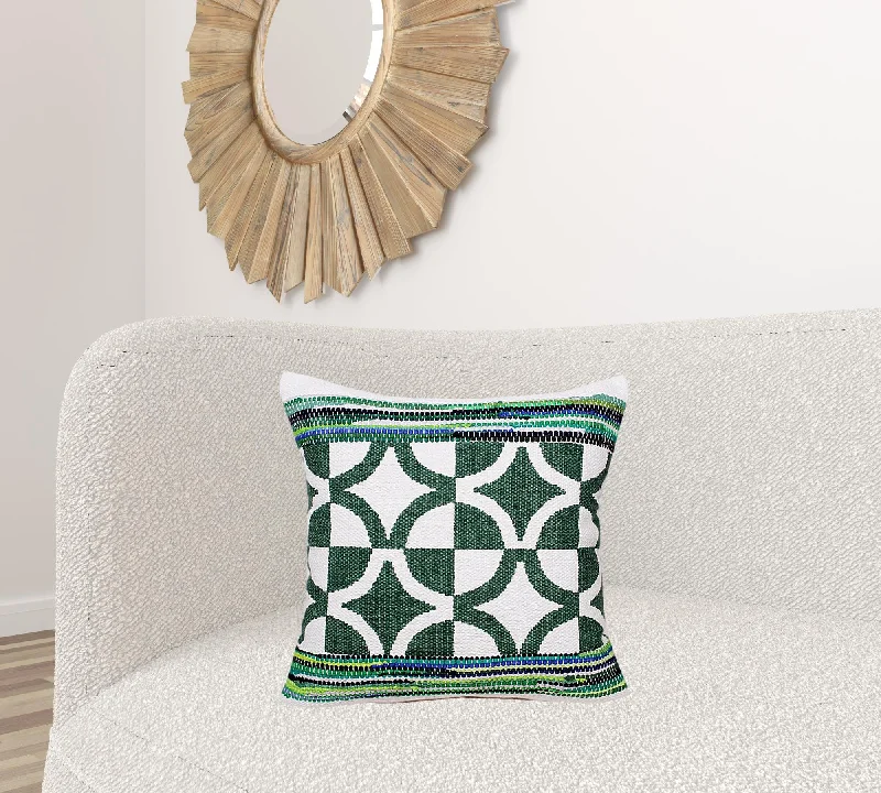 20" X 20" Green White And Blue 100% Cotton Geometric Zippered Pillow