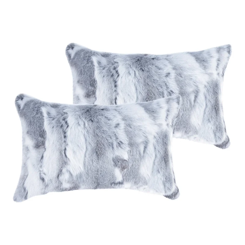 Set of Two 12" X 20" Gray Rabbit Natural Fur Throw Pillow