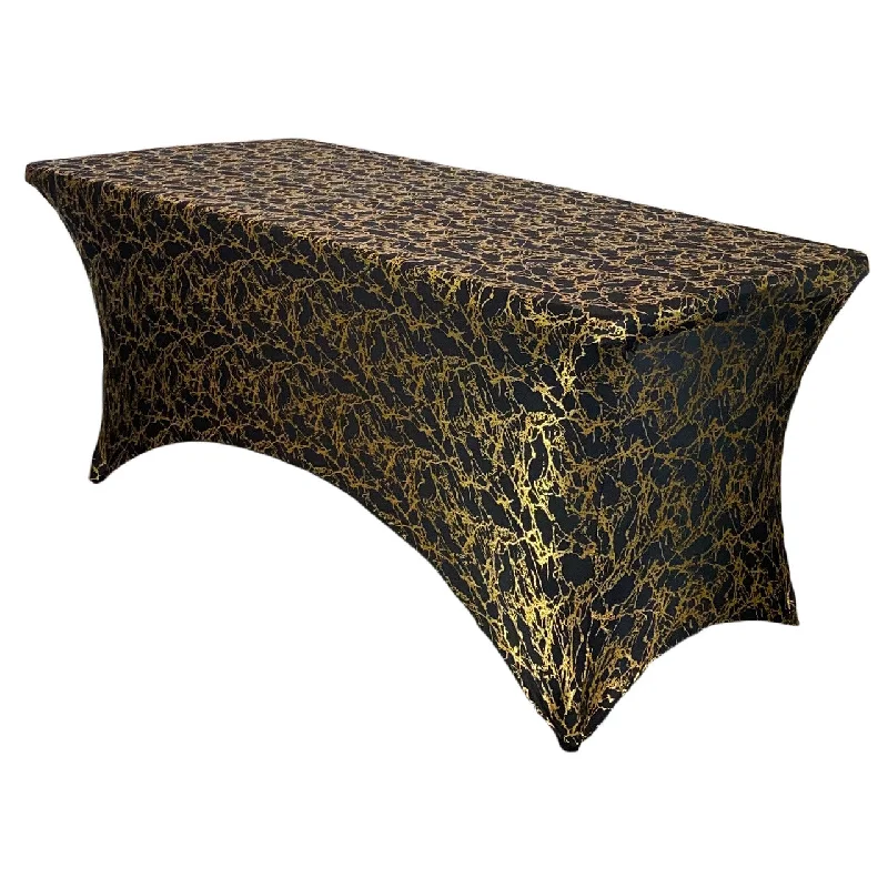 Stretch Spandex 6 ft Rectangular Table Cover Black With Gold Marbling