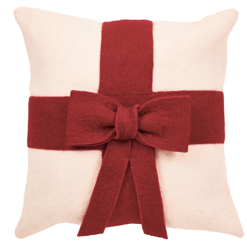 Red Bow on Cream - Christmas Pillow Cover in Hand Felted Wool - 20"