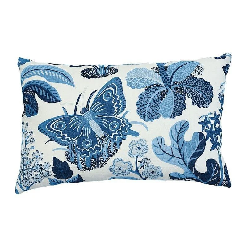 Blue Exotic Butterfly Print Lumbar Linen Throw Pillow