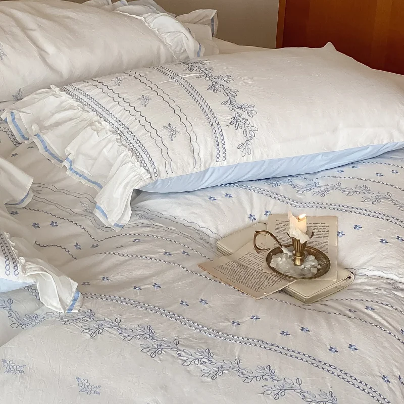 Embroidered French Lace Ruffle Pillowcases / Blue