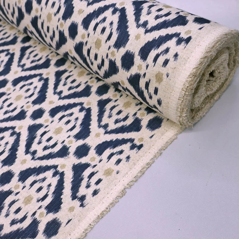 Home Furnishing Ikat Linen Mix Geometric -Stevie in Navy