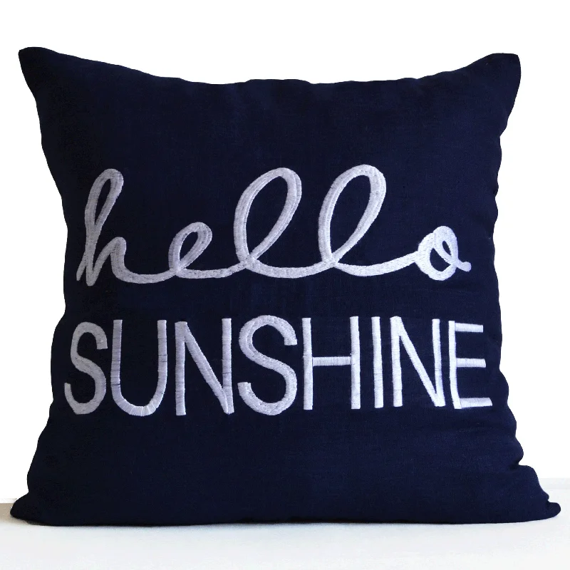 Navy Blue Throw Pillow Cover with Hello Sunshine Embroidery