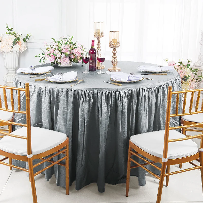 60" Round Ruffled Fitted Crushed Taffeta Tablecloth With Skirt - Silver (1pc)