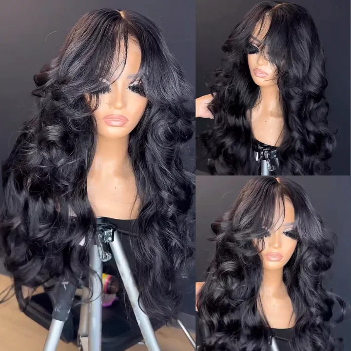 300% Density Luxury custom wigs Curtain Bangs Loose Wave Glueless Lace Front Wigs Clear Transparent  -Amanda Hair