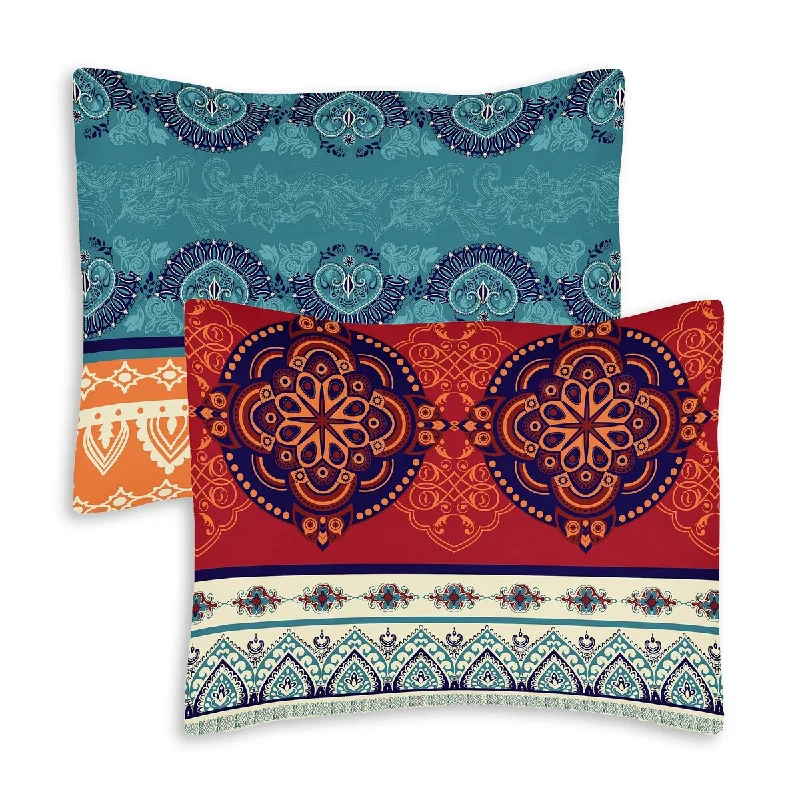 Sweet Jojo Designs Boho Chic Mandala Pillow Shams 2 Pack Set - Red Blue Orange Bohemian Colorful Vintage Retro Patterned Tribal