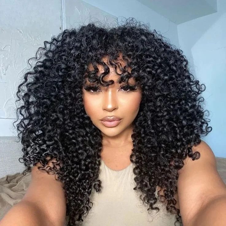 Glueless Deep Curly Clear Transparent Lace Front Wigs with Bangs For Women-Amanda Hair