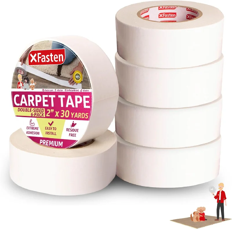 XFasten Double Sided Carpet Tape | 2 Inches x 30 Yards | 6-Pack