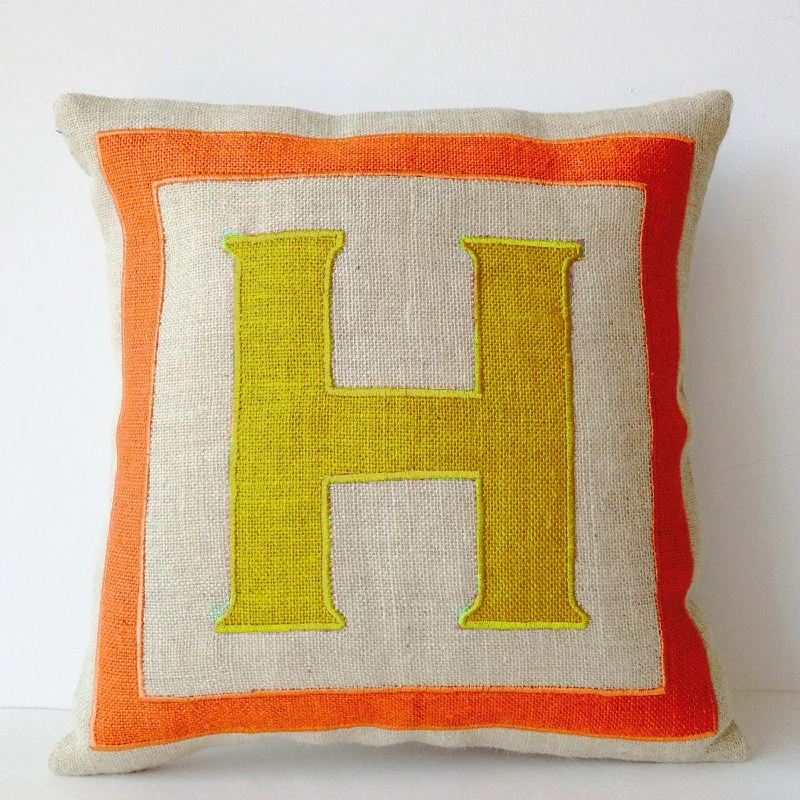 Personalized Monogram throw pillow- Burlap pillows- Orange Yellow Burlap monogram cushion -Burlap applique -Decorative throw pillows- 18x18