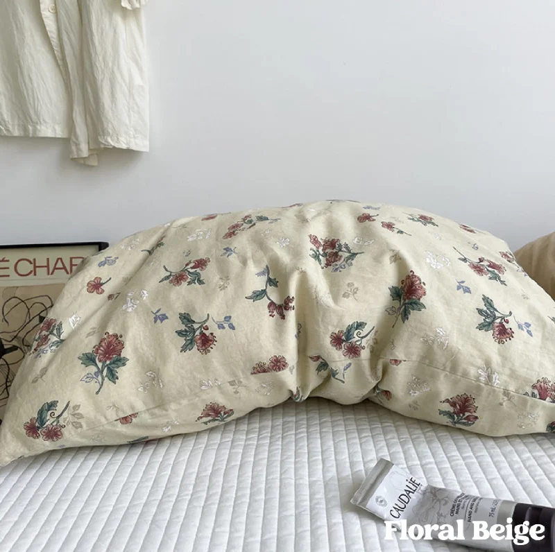 Assorted Washed Cotton Pillowcases / Floral Beige