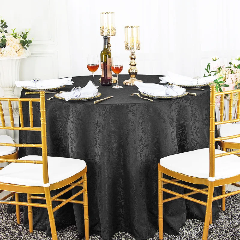 120" Seamless Round Floral Damask Jacquard Polyester (220 GSM) Tablecloth- Black (1pc)