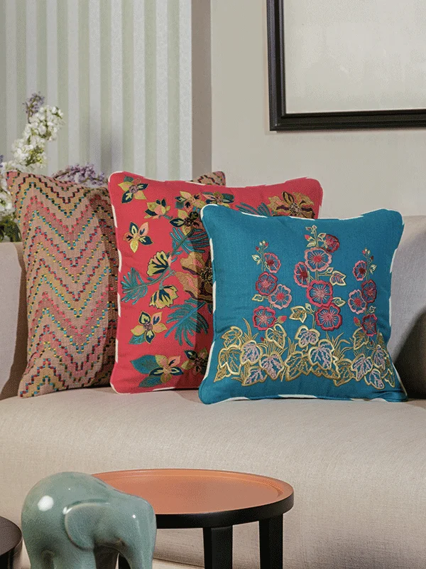 Wild Hollyhocks Cushion Cover (Turquoise)