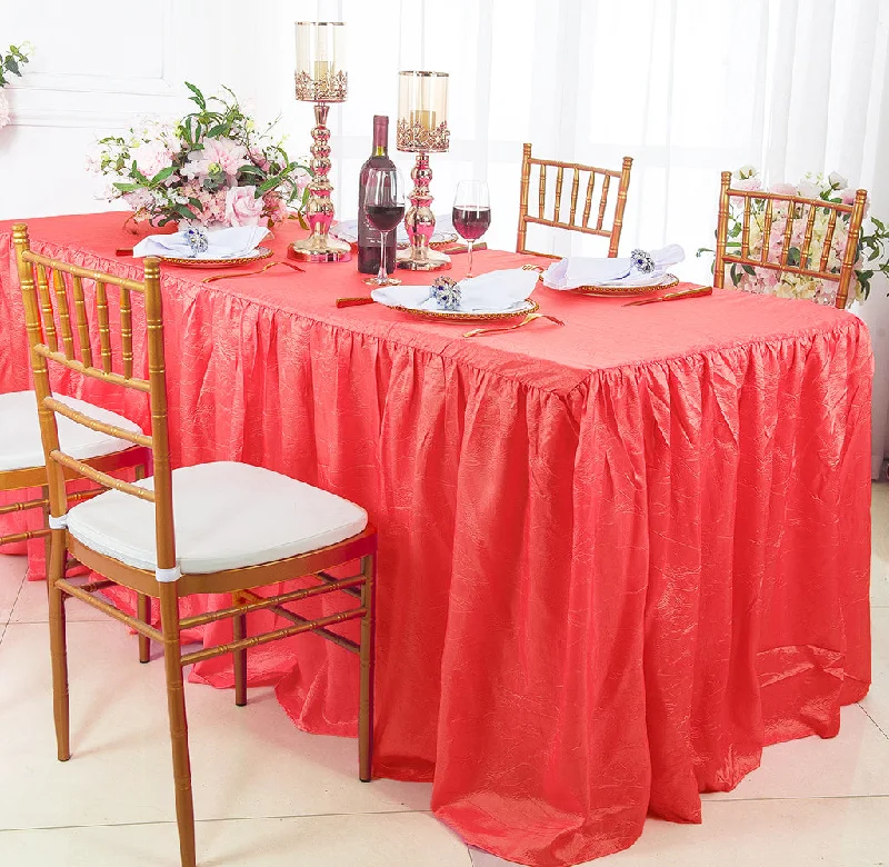 6 Ft Rectangular Ruffled Fitted Crushed Taffeta Tablecloth With Skirt - Coral (1pc)