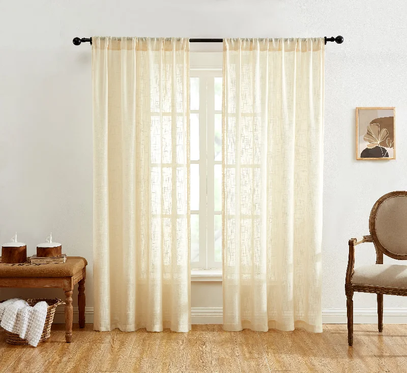 Linda Faux Linen Textured Sheer Rod Pocket Curtain Panels