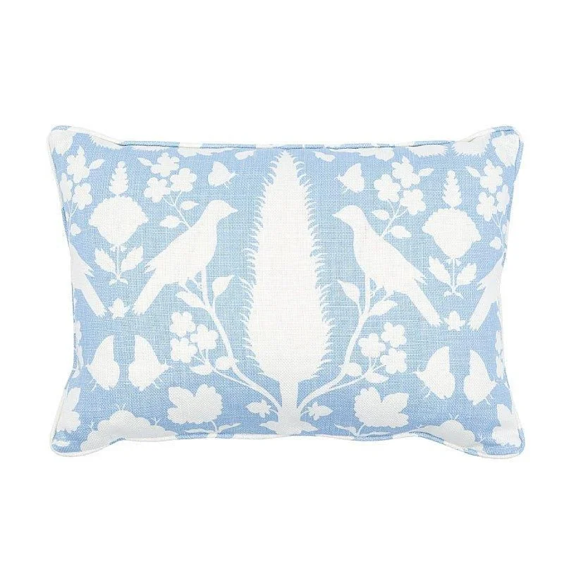 Sky Blue Chenonceau Flora & Fauna Silhouette Linen Lumbar Throw Pillow