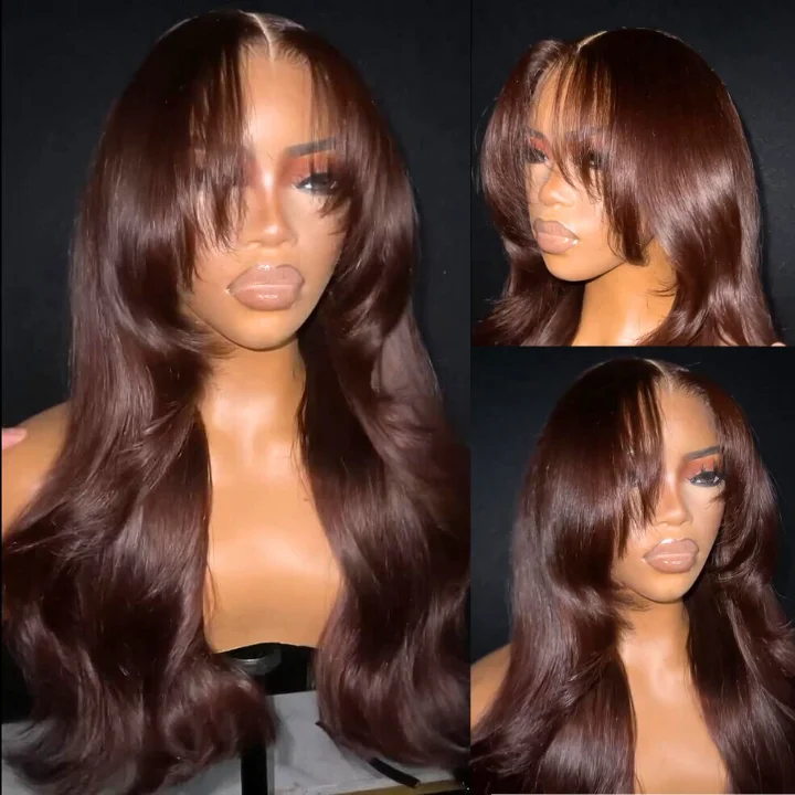 Dark Reddish Brown Glueless Body Wave Natural Curtain Bangs Hair Clear Transparent Lace Front Wigs For Women-Amanda Hair