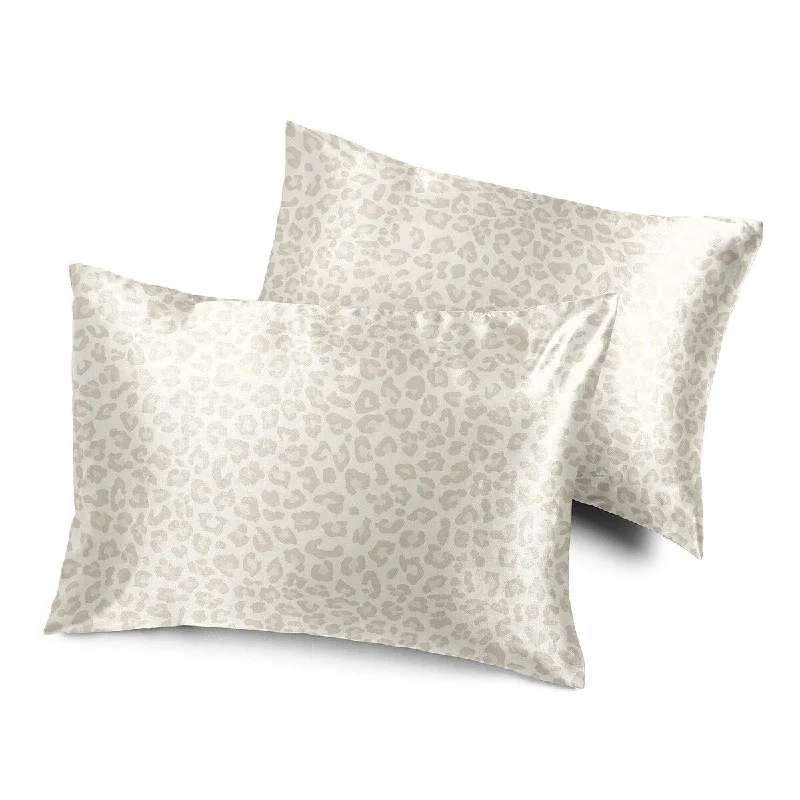 Sweet Jojo Designs Shabby Chic Animal Print Decorative Satin Pillowcases 2 Pack - Ivory Taupe Leopard Cheetah Elegant Luxurious